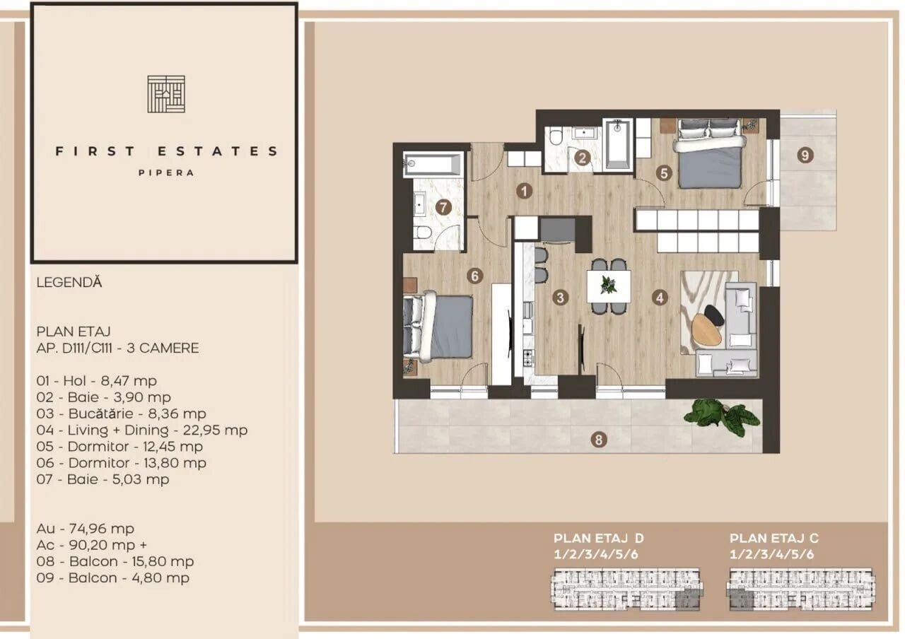 Apartament 3 camere 96mp 2 balcoane First Estates Plaza Pipera RondOMV